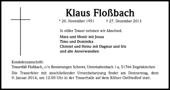 Anzeige von Klaus Floßbach von Kölner Stadt-Anzeiger / Kölnische Rundschau / Express