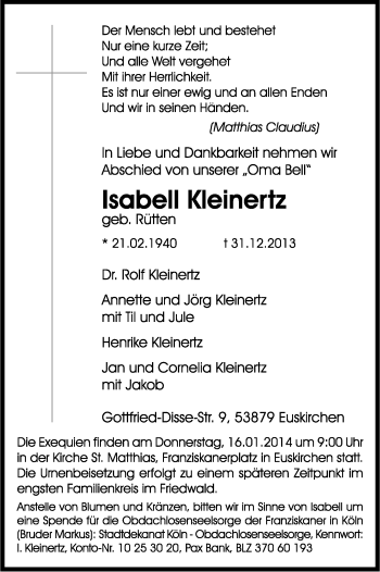 Anzeige von Isabell Kleinertz von Kölner Stadt-Anzeiger / Kölnische Rundschau / Express
