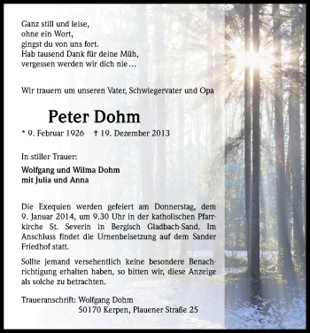 Anzeige von Peter Dohm von Kölner Stadt-Anzeiger / Kölnische Rundschau / Express