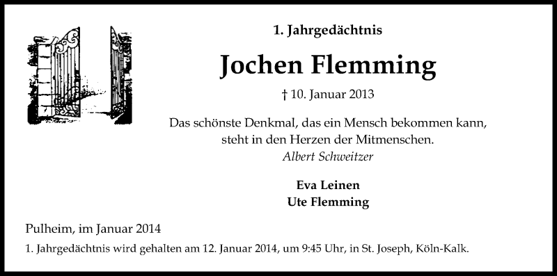  Traueranzeige für Jochen Flemming vom 04.01.2014 aus Kölner Stadt-Anzeiger / Kölnische Rundschau / Express