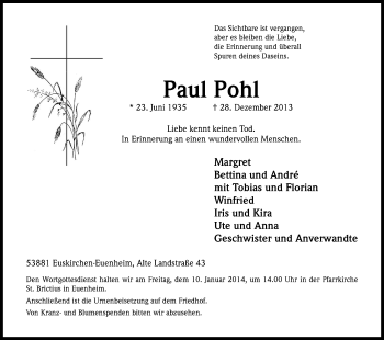 Anzeige von Paul Pohl von Kölner Stadt-Anzeiger / Kölnische Rundschau / Express