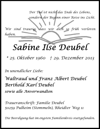 Anzeige von Sabine Ilse Deubel von Kölner Stadt-Anzeiger / Kölnische Rundschau / Express