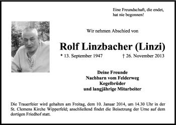 Anzeige von Rolf Linzbacher von Kölner Stadt-Anzeiger / Kölnische Rundschau / Express