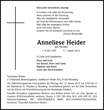 Anzeige von Anneliese Heider von Kölner Stadt-Anzeiger / Kölnische Rundschau / Express