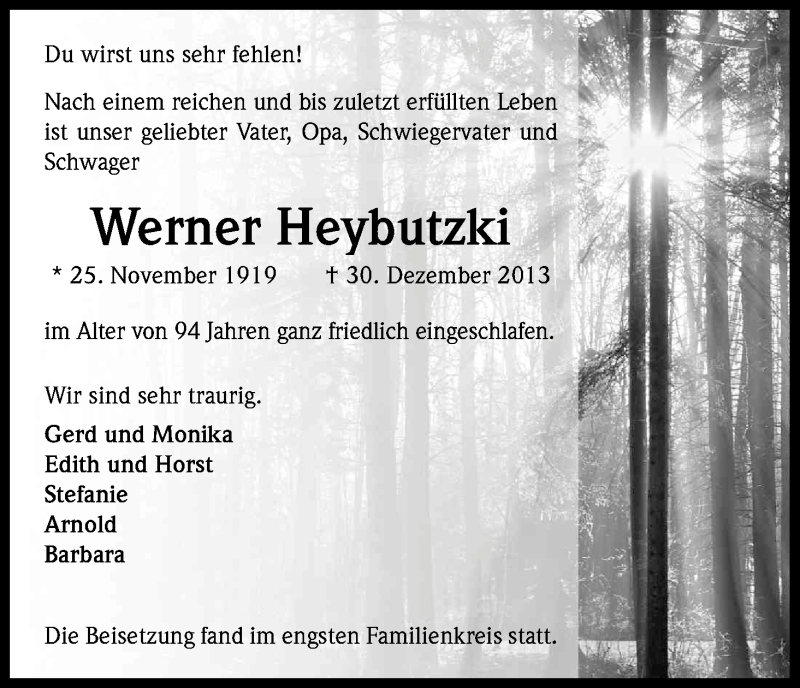  Traueranzeige für Werner Heybutzki vom 11.01.2014 aus Kölner Stadt-Anzeiger / Kölnische Rundschau / Express