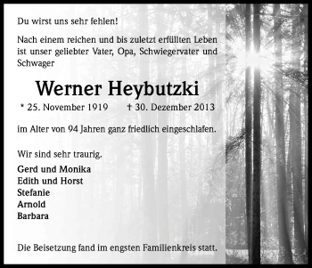 Anzeige von Werner Heybutzki von Kölner Stadt-Anzeiger / Kölnische Rundschau / Express