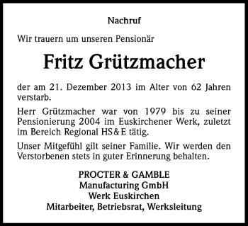Anzeige von Fritz Grützmacher von Kölner Stadt-Anzeiger / Kölnische Rundschau / Express