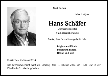 Anzeige von Hans Schäfer von Kölner Stadt-Anzeiger / Kölnische Rundschau / Express