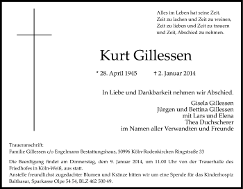 Anzeige von Kurt Gillessen von Kölner Stadt-Anzeiger / Kölnische Rundschau / Express