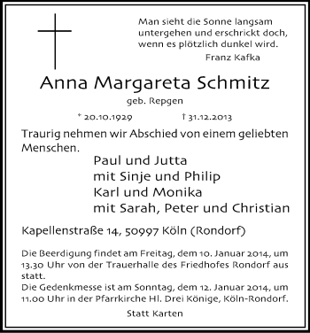 Anzeige von Anna Margareta Schmitz von Kölner Stadt-Anzeiger / Kölnische Rundschau / Express
