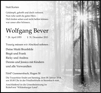 Anzeige von Wolfgang Bever von Kölner Stadt-Anzeiger / Kölnische Rundschau / Express