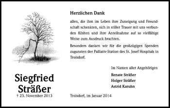 Anzeige von Siegfried Sträßer von Kölner Stadt-Anzeiger / Kölnische Rundschau / Express