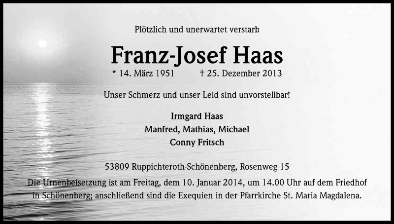  Traueranzeige für Franz-Josef Haas vom 07.01.2014 aus Kölner Stadt-Anzeiger / Kölnische Rundschau / Express