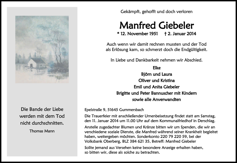  Traueranzeige für Manfred Giebeler vom 06.01.2014 aus Kölner Stadt-Anzeiger / Kölnische Rundschau / Express