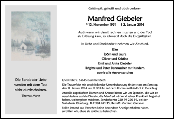 Anzeige von Manfred Giebeler von Kölner Stadt-Anzeiger / Kölnische Rundschau / Express