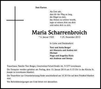 Anzeige von Maria Scharrenbroich von Kölner Stadt-Anzeiger / Kölnische Rundschau / Express