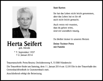Anzeige von Herta Seifert von Kölner Stadt-Anzeiger / Kölnische Rundschau / Express