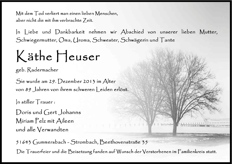  Traueranzeige für Katharina Heuser vom 06.01.2014 aus Kölner Stadt-Anzeiger / Kölnische Rundschau / Express