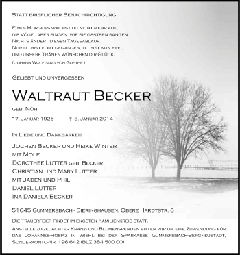 Anzeige von Waltraut Becker von Kölner Stadt-Anzeiger / Kölnische Rundschau / Express