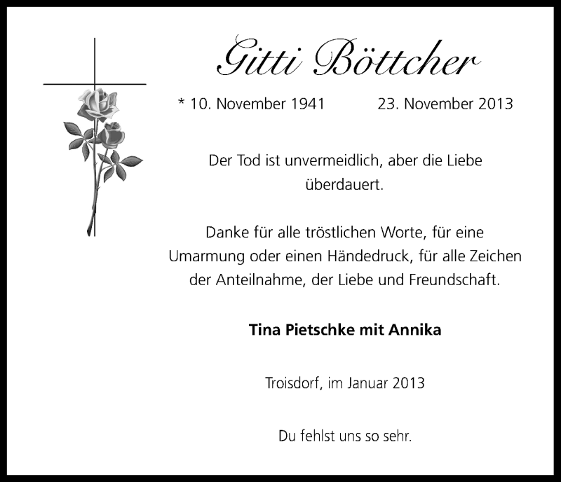  Traueranzeige für Gitti Böttcher vom 11.01.2014 aus Kölner Stadt-Anzeiger / Kölnische Rundschau / Express