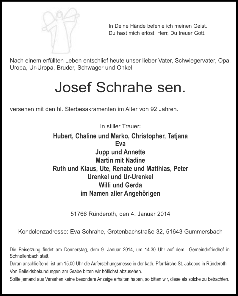  Traueranzeige für Josef Schrahe vom 07.01.2014 aus Kölner Stadt-Anzeiger / Kölnische Rundschau / Express