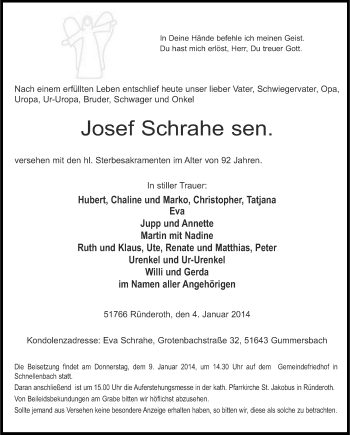 Anzeige von Josef Schrahe von Kölner Stadt-Anzeiger / Kölnische Rundschau / Express