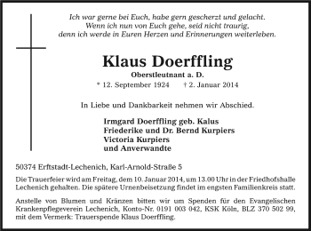 Anzeige von Klaus Doerffling von Kölner Stadt-Anzeiger / Kölnische Rundschau / Express