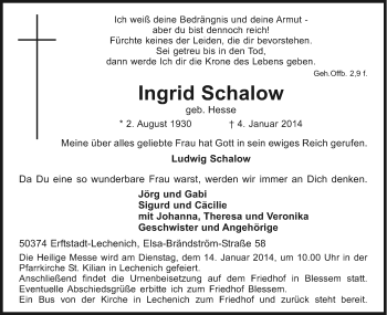 Anzeige von Ingrid Schalow von Kölner Stadt-Anzeiger / Kölnische Rundschau / Express