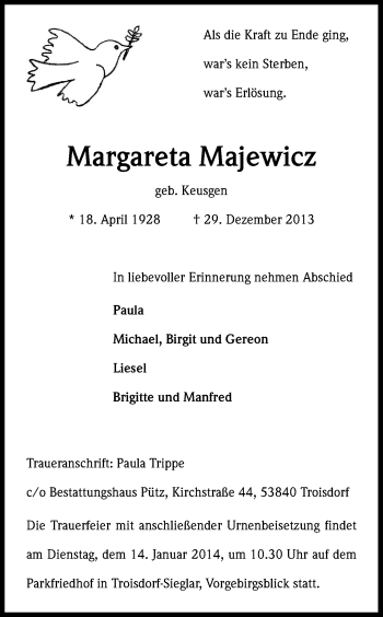 Anzeige von Margareta Majewicz von Kölner Stadt-Anzeiger / Kölnische Rundschau / Express