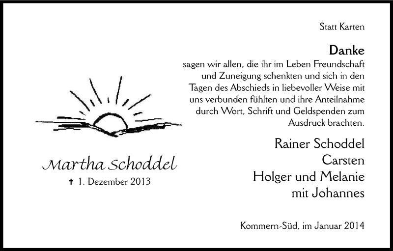 Traueranzeige für Martha Schoddel vom 11.01.2014 aus Kölner Stadt-Anzeiger / Kölnische Rundschau / Express