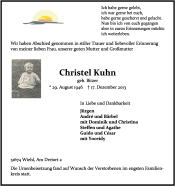 Anzeige von Christel Kuhn von Kölner Stadt-Anzeiger / Kölnische Rundschau / Express