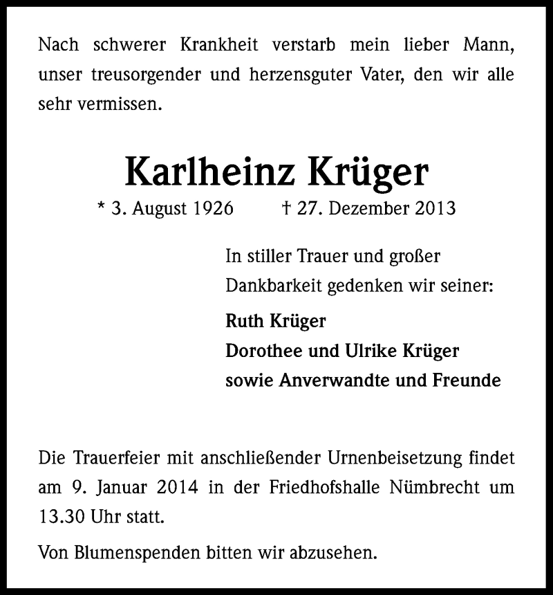  Traueranzeige für Karlheinz Krüger vom 08.01.2014 aus Kölner Stadt-Anzeiger / Kölnische Rundschau / Express