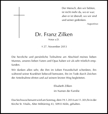 Anzeige von Franz Zilken von Kölner Stadt-Anzeiger / Kölnische Rundschau / Express