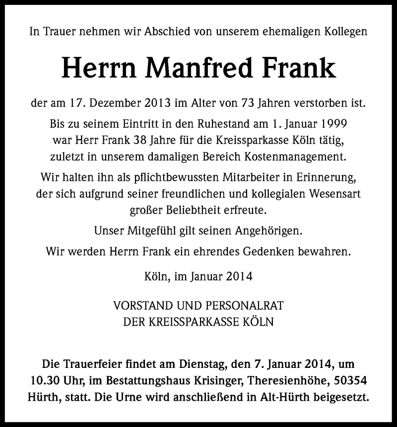  Traueranzeige für Manfred Frank vom 07.01.2014 aus Kölner Stadt-Anzeiger / Kölnische Rundschau / Express