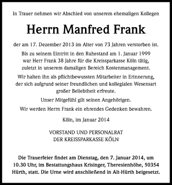 Anzeige von Manfred Frank von Kölner Stadt-Anzeiger / Kölnische Rundschau / Express