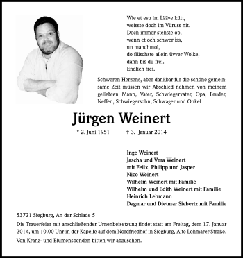 Anzeige von Jürgen Weinert von Kölner Stadt-Anzeiger / Kölnische Rundschau / Express
