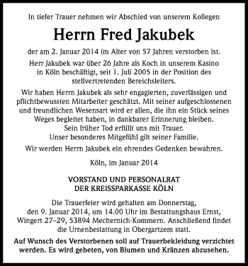 Anzeige von Fred Jakubek von Kölner Stadt-Anzeiger / Kölnische Rundschau / Express
