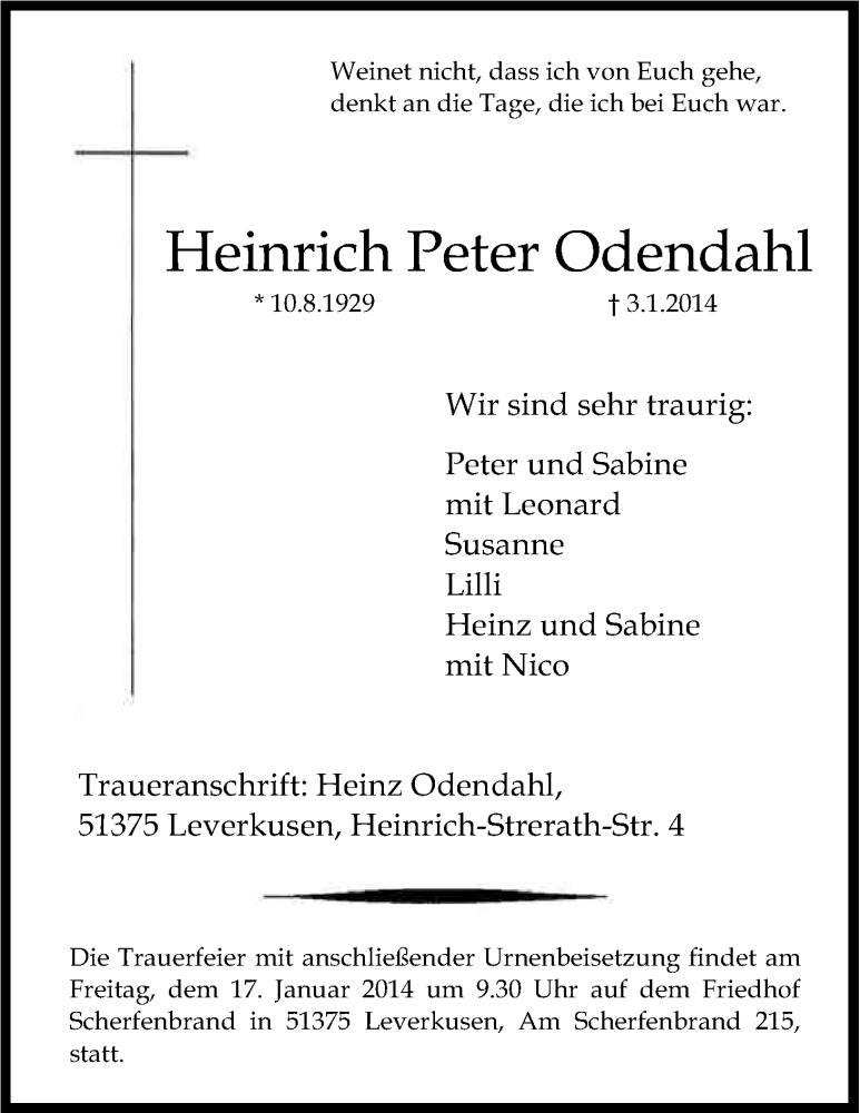  Traueranzeige für Heinrich Peter Odendahl vom 07.01.2014 aus Kölner Stadt-Anzeiger / Kölnische Rundschau / Express