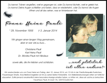 Anzeige von Franz Heinz Pauli von Kölner Stadt-Anzeiger / Kölnische Rundschau / Express