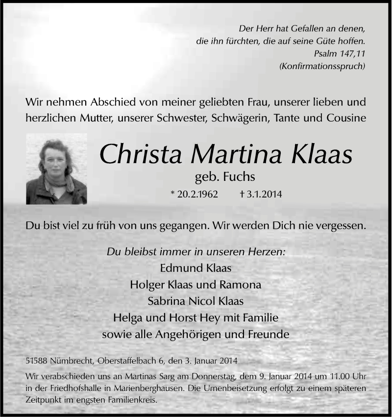 Traueranzeige für Christa Martina Klaas vom 07.01.2014 aus Kölner Stadt-Anzeiger / Kölnische Rundschau / Express