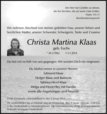 Anzeige von Christa Martina Klaas von Kölner Stadt-Anzeiger / Kölnische Rundschau / Express