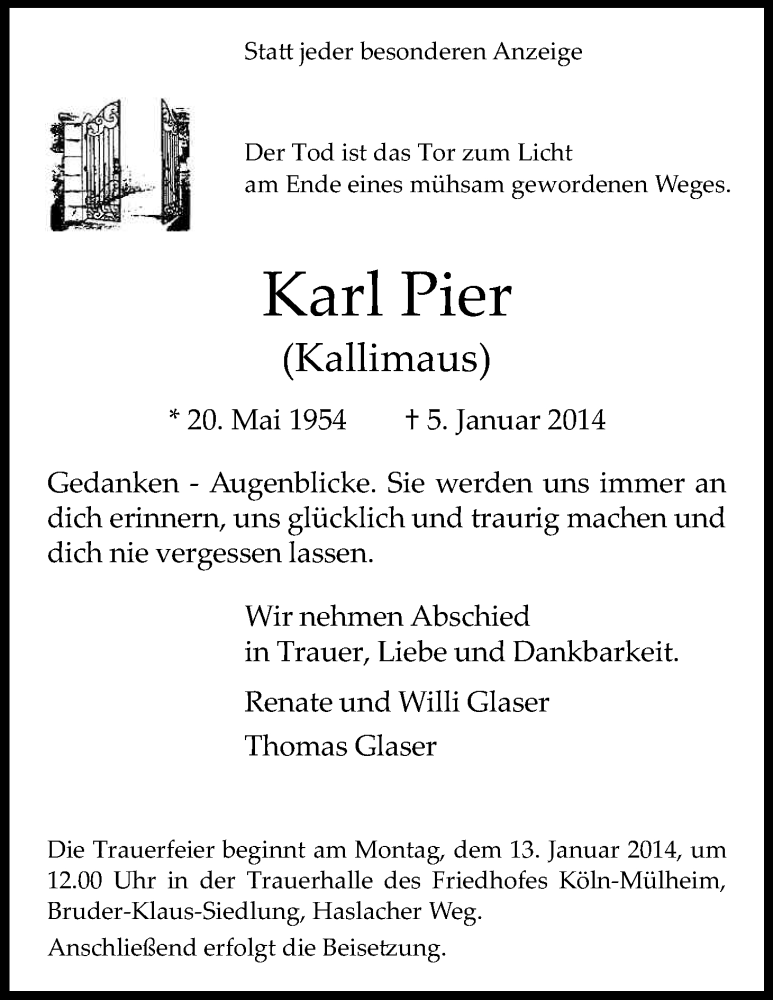  Traueranzeige für Karl Pier vom 08.01.2014 aus Kölner Stadt-Anzeiger / Kölnische Rundschau / Express