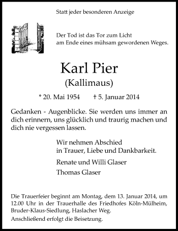 Anzeige von Karl Pier von Kölner Stadt-Anzeiger / Kölnische Rundschau / Express