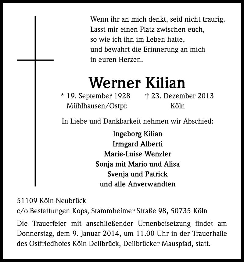  Traueranzeige für Werner Kilian vom 07.01.2014 aus Kölner Stadt-Anzeiger / Kölnische Rundschau / Express
