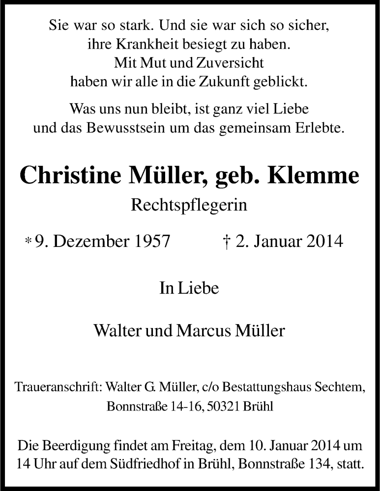  Traueranzeige für Christine Müller vom 08.01.2014 aus Kölner Stadt-Anzeiger / Kölnische Rundschau / Express