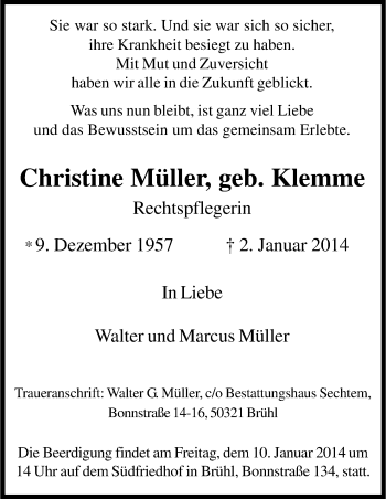 Anzeige von Christine Müller von Kölner Stadt-Anzeiger / Kölnische Rundschau / Express