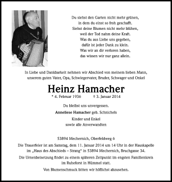 Anzeige von Heinz Hamacher von Kölner Stadt-Anzeiger / Kölnische Rundschau / Express