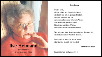 Anzeige von Ilse Heimann von Kölner Stadt-Anzeiger / Kölnische Rundschau / Express