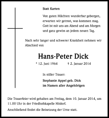 Anzeige von Hans-Peter Dick von Kölner Stadt-Anzeiger / Kölnische Rundschau / Express