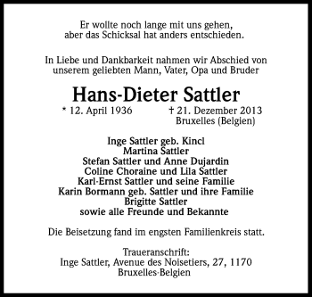 Anzeige von Hans-Dieter Sattler von Kölner Stadt-Anzeiger / Kölnische Rundschau / Express